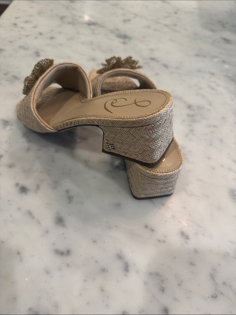Beaded Floral Woven raffia Slide Sandals - Nude/Gold - Picture 2 of 4